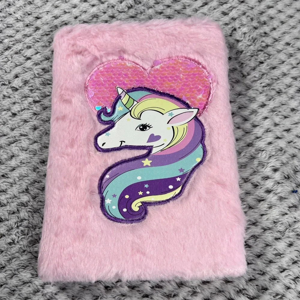 Pink Faux Fur Notebook Journal Unicorn‎ Sequin Heart Cover Kids Girls Diary NEW